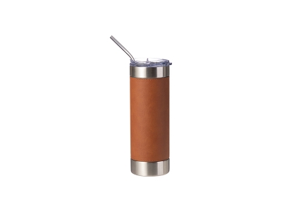 Laserable Blanks 20oz/600ml PU Leather Sleeve Stainless Steel Skinny Tumbler(Yellow Brown/Silver)