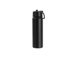 Engraving Blanks 22oz/650ml Powder Coated SS Flask w/ Wide Mouth Straw Lid &amp; Rotating Handle((Black)