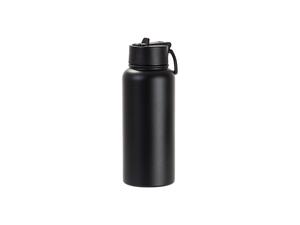 Laserable Blanks 32oz/950ml Powder Coated SS Flask w/ Wide Mouth Straw Lid &amp; Rotating Handle((Black)